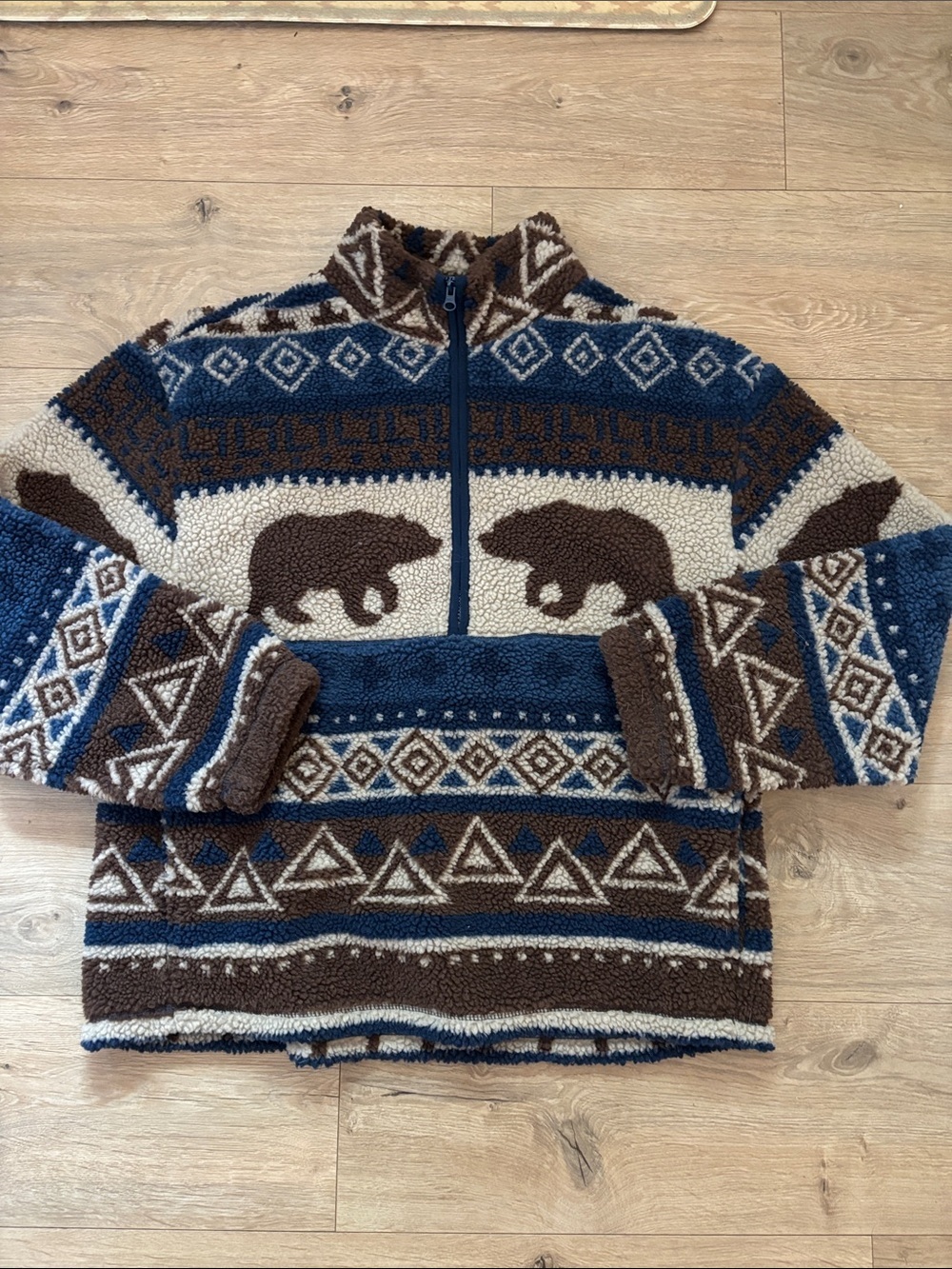 Men's Blue Brown Cream Patterned Sherpa Half-Zip Sweater - Picture 1 of 2